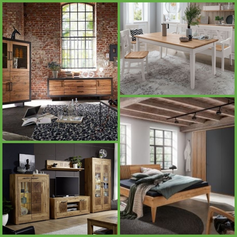 Collage beispielhaft verschiedene Möbelstücke aus dem massive-naturmöbel.de onlineshop